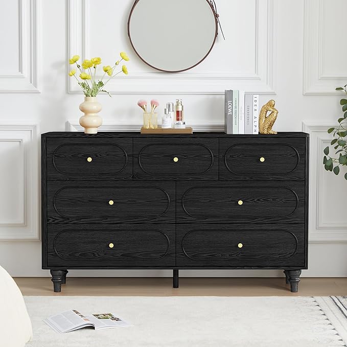 ORRD 7 Drawer Fluted Dresser for Bedroom, Mid Century Modern Chest of Drawers, Wood Storage Large Dresser Organizer for Bedroom Living Room Hallway Closet, Black