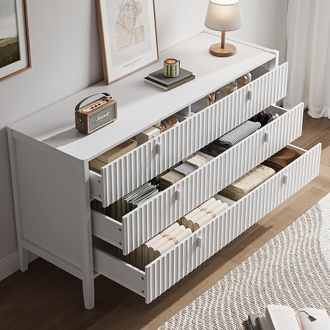 6 Drawer Dresser, Modern Chest of Drawers for Bedroom, Wood Fluted Dresser Organizer with Deep Drawers for Clothes, Nightstand for Bedroom, Hallway, Living Room, Entryway, White