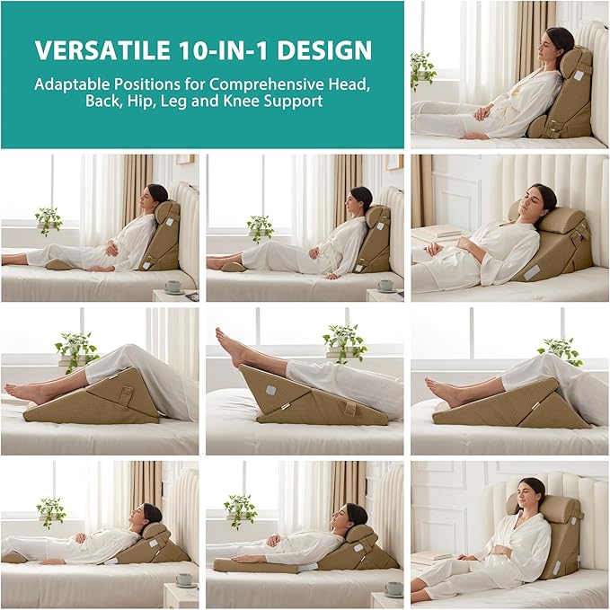 Bedluxe Adjustable 4pcs Bed Wedge Pillow Set, Memory Foam Wedges Pillow Post Surgery for Back, Neck, Leg Pain Relief, Pillows Wedge for Sleeping, Sitting up in Bed, Acid Reflux and GERD, Brown