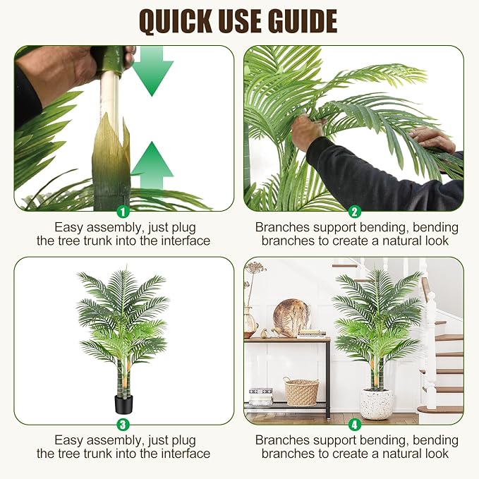 4ft Tall Triple Golden Cane Palm Artificial Tree Large Tropical Palm Tree UV Resistant Fake Plant in Pot for Indoor Outdoor Big House Living Room Outside Patio Office Home Decor 1Pack