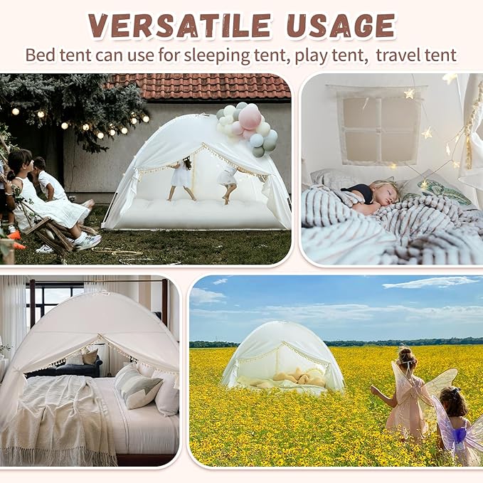 Razee Twin Bed Tent for Kids, Twin Size Toddler Canopy Indoor Princess Playhouse Privacy Tents on Bunk Bed Sleep for Girls Boys, Kid Toys for Birthday Gift, Bohemian Tassel, White