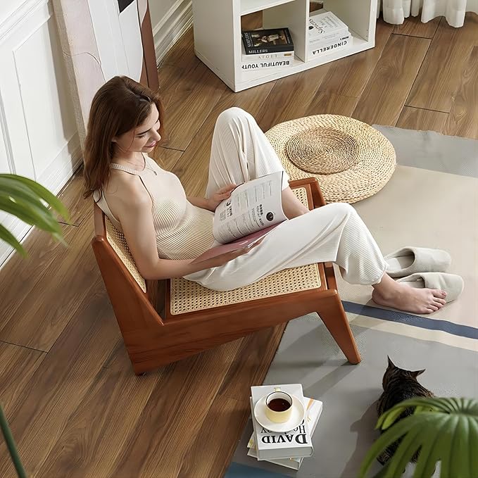 homary Mid Century Modern Chair Japandi Walnut Rattan and Wood Lounge Chairs Armless Accent Chair for Living Room Bedroom Balcony & Patio