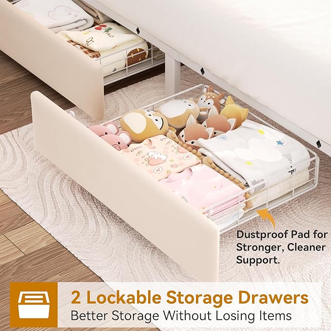 Queen Upholstered LED Bed Frame with 2 Storage Drawers and 2-Tier Storage Headboard,Velvet Princess Platform Bed with Charging Station&Bookcase,Heavy Duty Metal Support,No Box Spring Needed,Beige