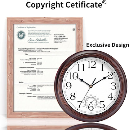 14 Inch Outdoor Wall Clock with Thermometers, Vintage Silent Wall Clocks Battery Operated, Retro Non-Ticking Clock Decorative for Living Room, Patio, Kitchen, Office, Bathroom, Bedroom(Bronze)