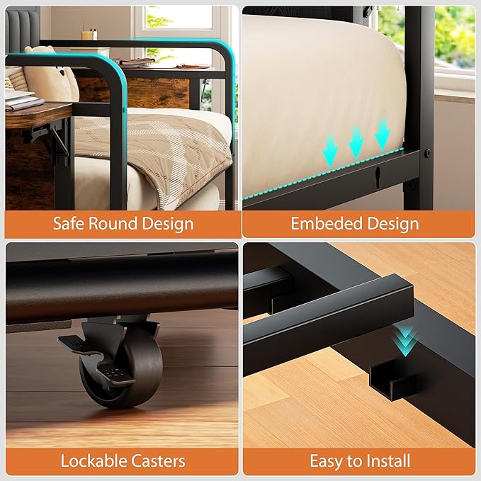 Daybed with Trundle, Twin Trundle Bed Frame - Metal Day Bed with LED Lights, Upholstered Storage Headboard & Charging Station, Pop Up Sleeper, Modern Design for Living Room and Guest Room-Brown