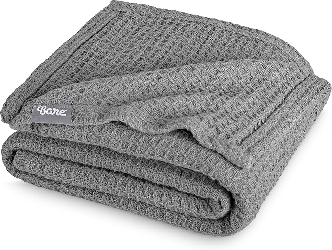 Bare Home Grey Waffle Blanket, Full/Queen 90Wx90L, 100% Cotton, Soft & Breathable Throw for All Seasons, Lightweight Blanket, Perfect for Layering Bed, Sofa & Couch (Full/Queen, Grey)