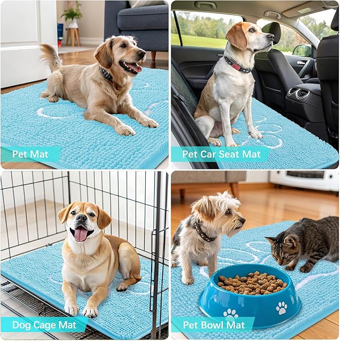 OLANLY Dog Door Mat for Muddy Paws 36x24, Paw Print Design, Absorbs Moisture and Dirt, Absorbent Non-Slip Washable Doormat, Quick Dry Chenille Mud Mat for Dogs, Entry Indoor Entryway Carpet, Blue