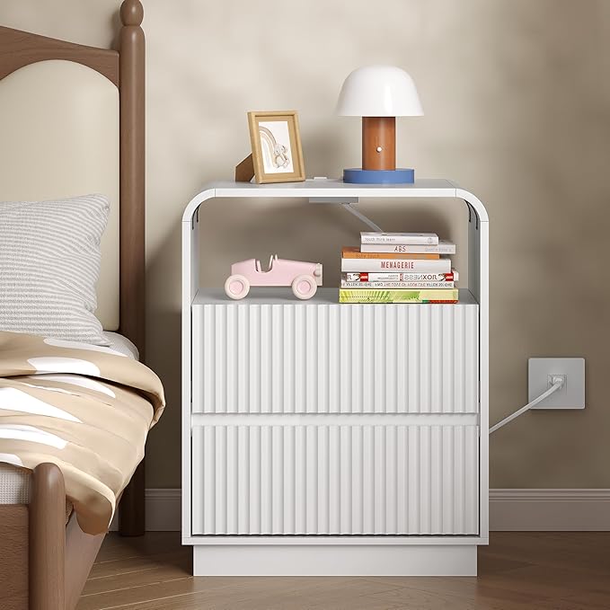 Dresser with 2 Drawers and Charging Station, Fluted Bedside Table with Round Curved Corner, Hidden Handles, 2 AC Outlets and 2 USB Ports, Modern Wood End Table with Open Shelf for Bedroom
