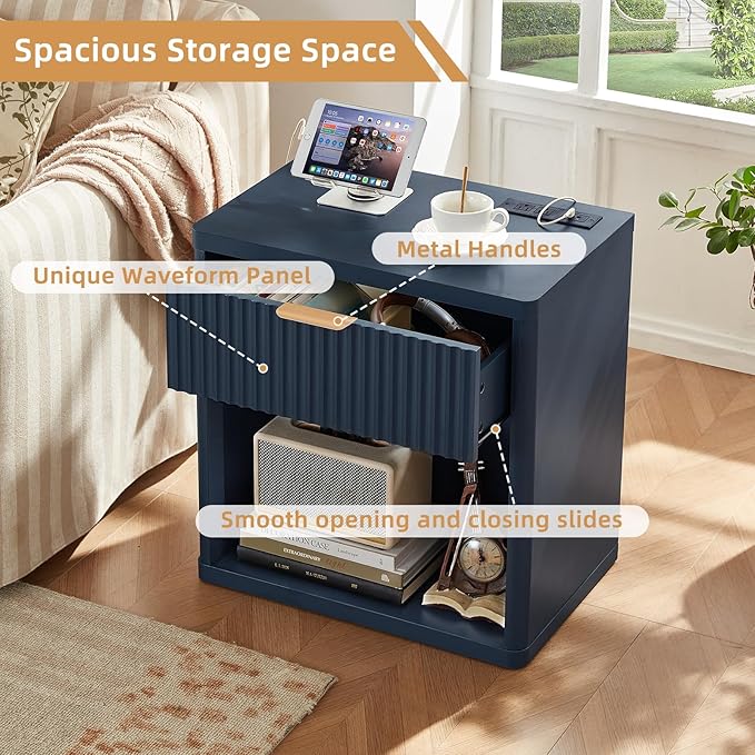 LEYAOYAO Fluted Nightstand with Charging Station, 23" Wide 1 Drawers Night Stand,Blue End Table with Open Storage,Farmhouse Bed Side Tables, Wood Dresser for Bedroom, Living Room, Closet