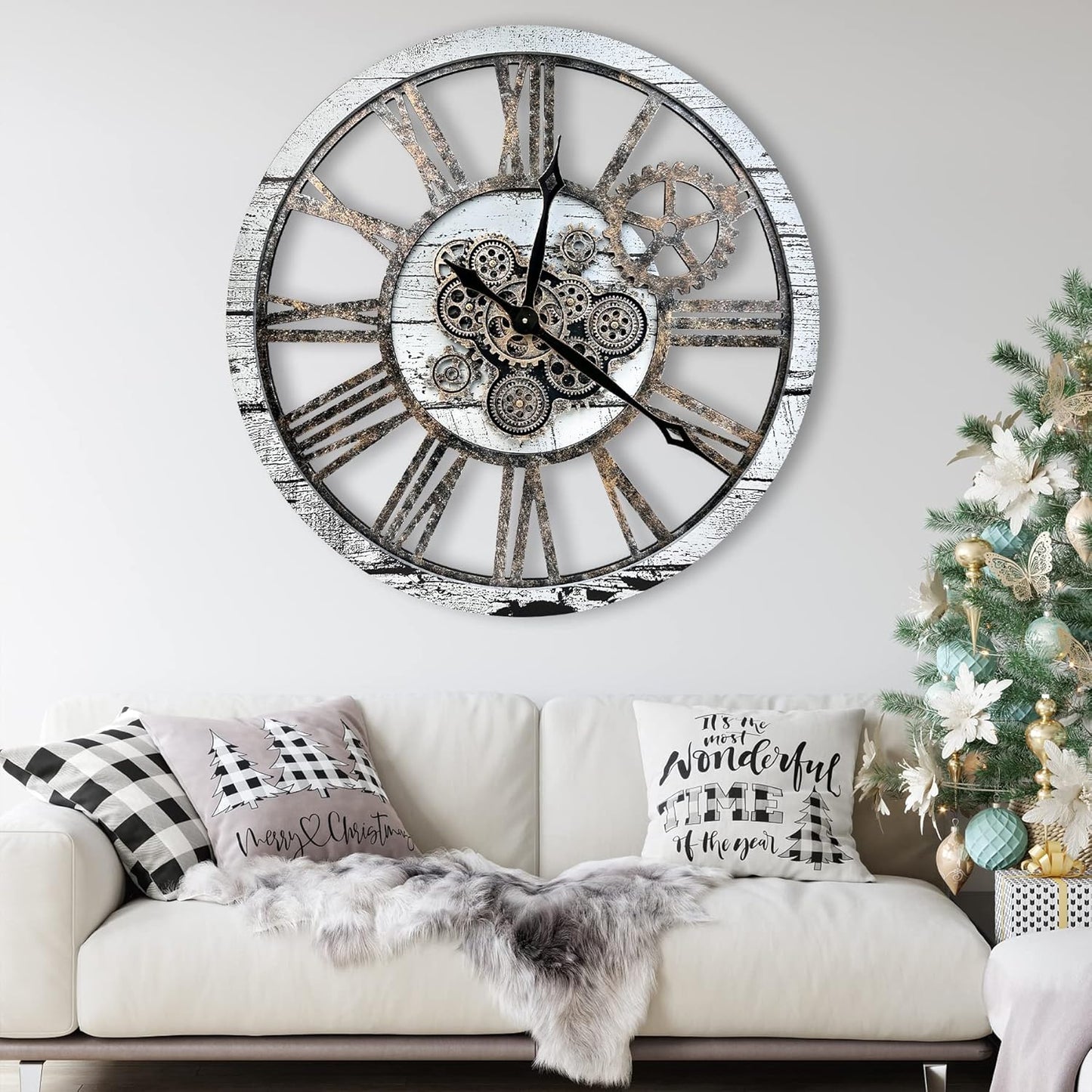 The B-Style Large Real Moving Gears Wall Clock 30 inch Rustic Retro Industrial Farmhouse Wood Clock Oversized Decorative Vintage Wall Clocks for Living Room (Silver Gray)