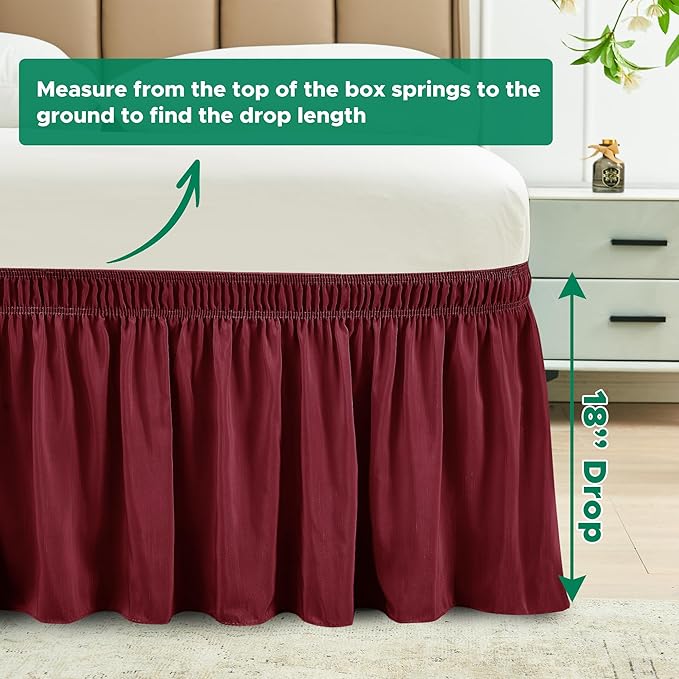 Biscaynebay Wrap Around Bed Skirts for Queen Size Beds 18" Drop, Burgundy Adjustable Elastic Dust Ruffles Easy Fit Wrinkle Resistant Silky Luxurious Fabric Machine Washable