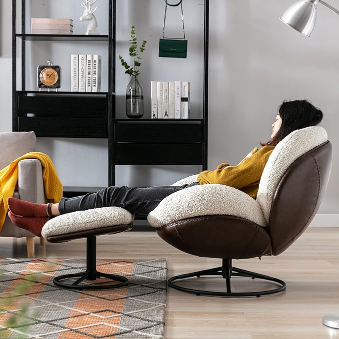 ZHENGHAO Swivel Accent Chair with Ottoman, Mid Century Modern Faux Fur Lounge Chair with footrest, Comfy Fluffy Armchair with 360° Metal Base for Reading/Living Room/Bedroom, White