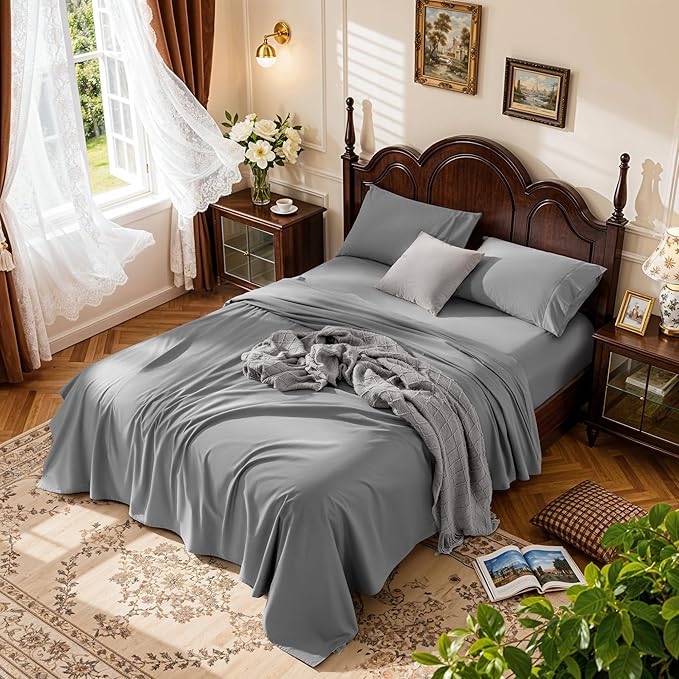 LBRO2M 1000 Thread Count 100% Egyptian Cotton Sheets Set,King Size Bed Sheet 4 Piece Sets,Long Staple,16 Inches Deep Pocket,All Season,Bedding Super Soft Comforterble Breathable,Sateen Weave(Grey)