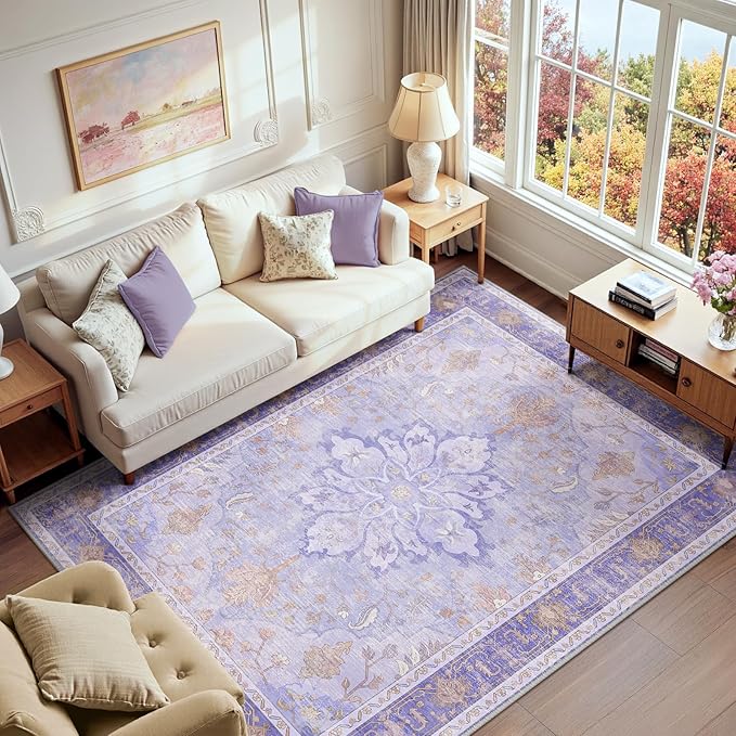 Area Rugs 6'x9' Washable Non-Slip, Floral Vintage Distress Print Pattern Medallion Carpet for Living Room Bedroom Dining Room, Light Purple Brown