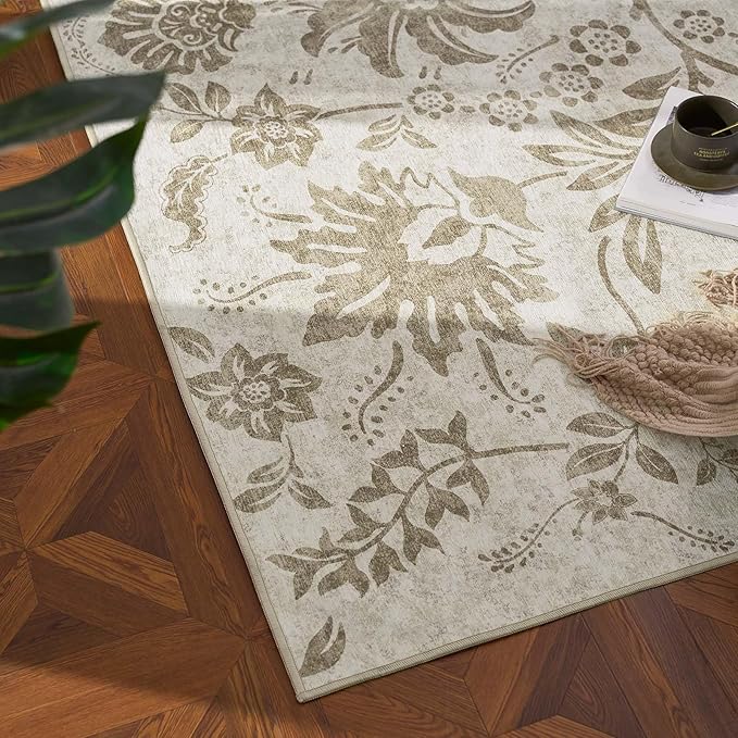 jinchan Torino Runner Rugs 3x10, Vintage-Inspired Floral Neutral Design Machine Washable Non-Slip Ultra-Thin Low-Pile Rubber Backing Traditional Rug for Kitchen Hallway Laundry Room Entryway Taupe