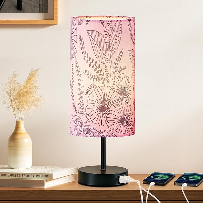 Bedside Table Lamp, Modern Touch Control Desk Lamp with 2 USB Ports & Round Flower Linen Fabric Shade, 3 Way Dimmable Small Nightstand Lamp for Bedroom Living Room Home Office Pink(LED Bulb Included)