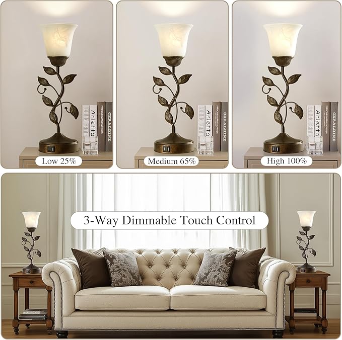 RORIANO Set of 2 Touch Farmhouse Bedroom Table Lamps, Nightstand Vintage Flower Lamps with 2 USB Ports, 3 Way Dimmable Leaf Lamp for Living Room with White Glass Shades, Bulbs Included