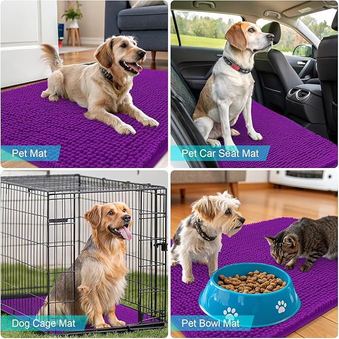 OLANLY Dog Door Mat for Muddy Paws 47x24, Absorbs Moisture and Dirt, Absorbent Non-Slip Washable Doormat, Quick Dry Chenille Mud Mat for Dogs, Entry Indoor Entryway Carpet for Inside Floor, Purple