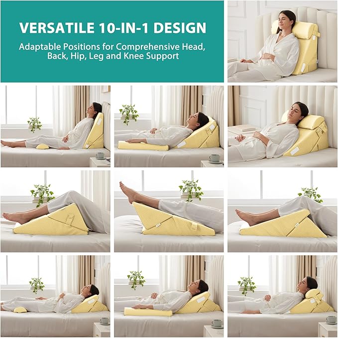 Bedluxe Adjustable 3pcs Bed Wedge Pillow Set, Memory Foam Wedge Pillows Post Surgery for Back, Neck, Leg Pain Relief, Pillow Wedge for Sleeping, Sitting up in Bed, Acid Reflux and GERD, Beige Yellow