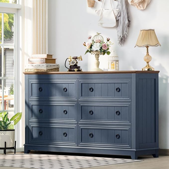 Bedroom Dresser and Nightstand Sets 4 Piece, Farmhouse 6 Drawers Dresser & 40.5" Tall Chest of Drawers,18" Nightstands with Charging Station,54" Wide Furniture Dressers for Bedroom,Living Room