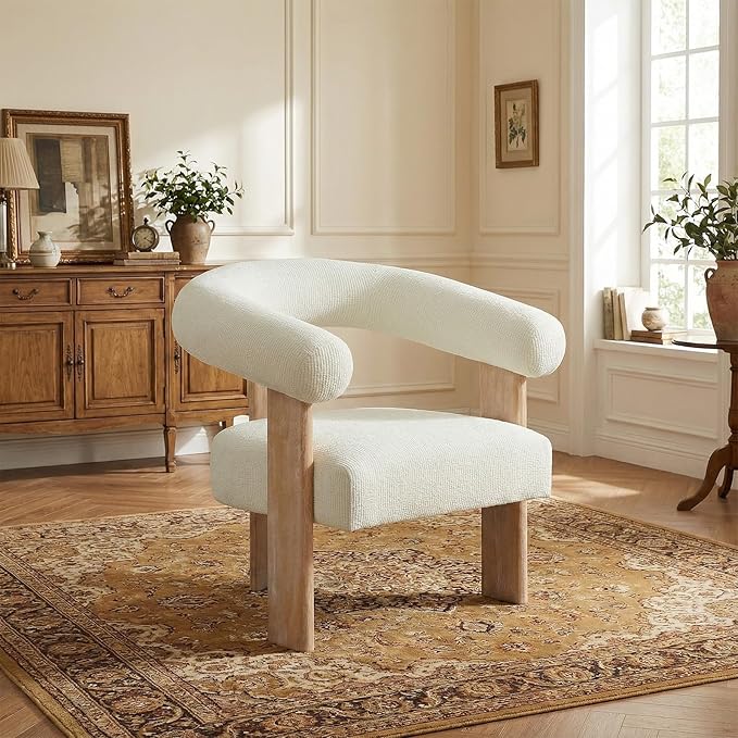 VKNOW Accent Chair Living Room Chair, Modern Upholstered Arm Chair with Solid Wood Legs, Comfy Barrel Accent Chair for Living Room, Bedroom, Cream