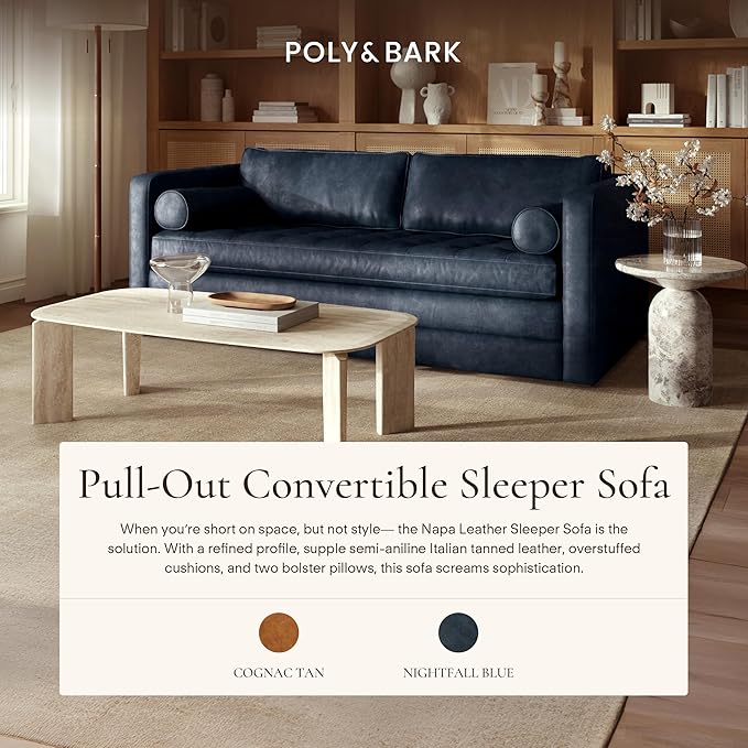Poly & Bark Napa 82" Leather Pull‑Out Sleeper Sofa – Full‑Grain Italian Leather Upholstery,Tri‑Layer Mattress & Storage Console –Sophisticated Multi‑Functional Sofa Bed for Living Rooms & Guest Spaces