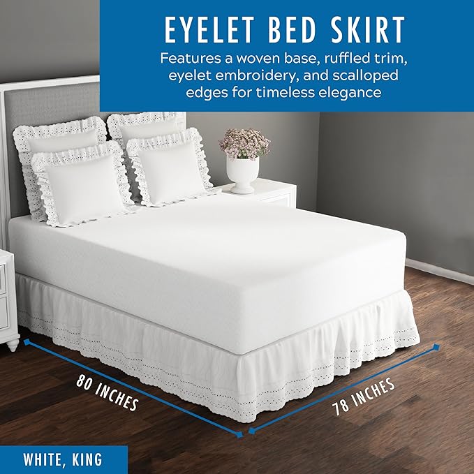 Fresh Ideas Eyelet Bed Skirt, Ruffled Design, 14 Inch Drop, Embroidered Scalloped Edge, King, White