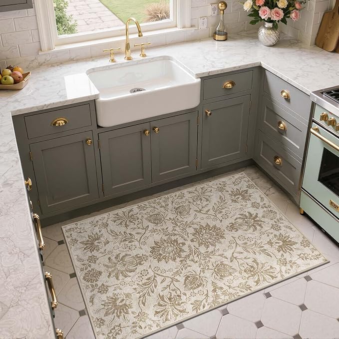jinchan Torino 3x5 Area Rugs for Entryway, Vintage-Inspired Floral Neutral Design Washable Non-Slip Low-Pile Rug, Ultra-Thin Indoor Traditional Accent Carpet for Entrance Bedroom Hallway, Taupe