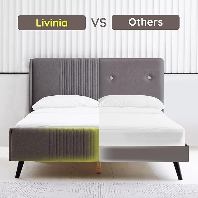 Livinia Sunset King Size Wingback Platform Bed, Fabric Upholstered King Bed Frame with Vertical Channel Tufted Headboard Footboard, Strong Wood Slats, No Box Spring Needed, Gray