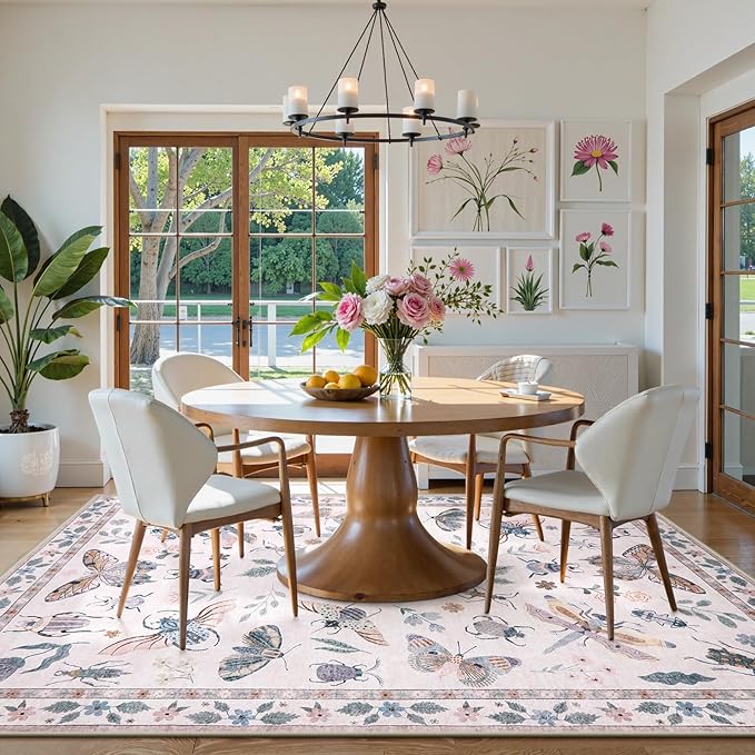 Lahome Insect 9x12 Area Rugs for Living Room Bedroom, Soft Washable Rugs 9x12 Stain Resistant, Ultra-Thin Non-Slip Non-Shedding Accent Carpet for Dining Room Office, Pink