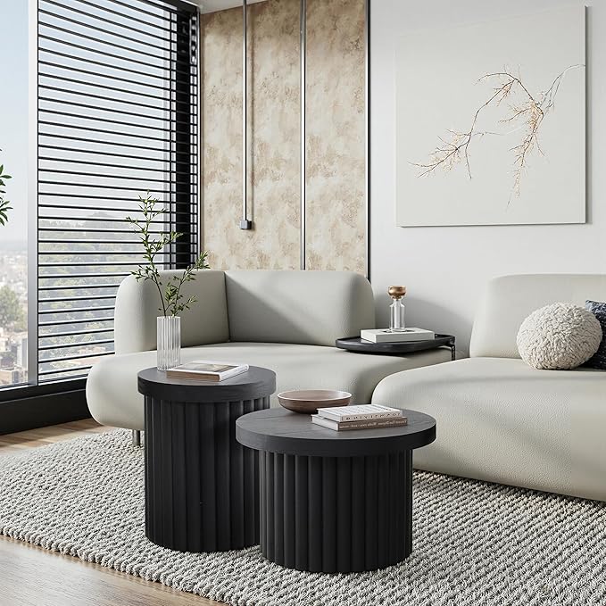 LuxenHome Wood Round Side Table, 19" Fluted End Table for Small Spaces, Mid Century Modern Black Wooden Accent Tables, Small Bedside Table, Couch Side Table, Nightstand for Living Room Bedroom Couch