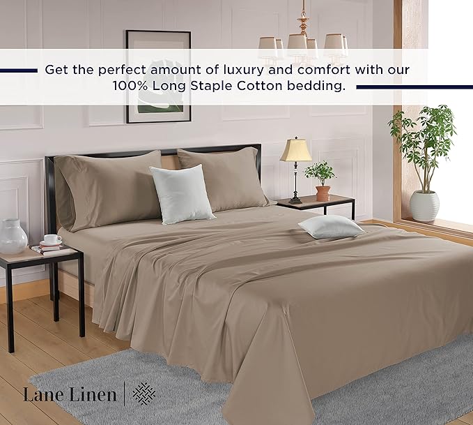 LANE LINEN 600 Thread Count 100% Mercerized Cotton Full Size Sheets Set, Sateen Weave for Soft & Comfy Sleep, 15 inch Deep Pocket Machine wash Bed Sheets, Luzury Hotel Style Full Size Set- Taupe