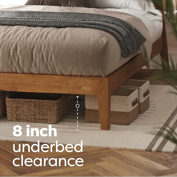 DG Casa Vandermark Solid Wood Easy Install Full Bed Frame with Unique Headboard and Wooden Slat Support Included No Box Spring Required - Beige Walnut