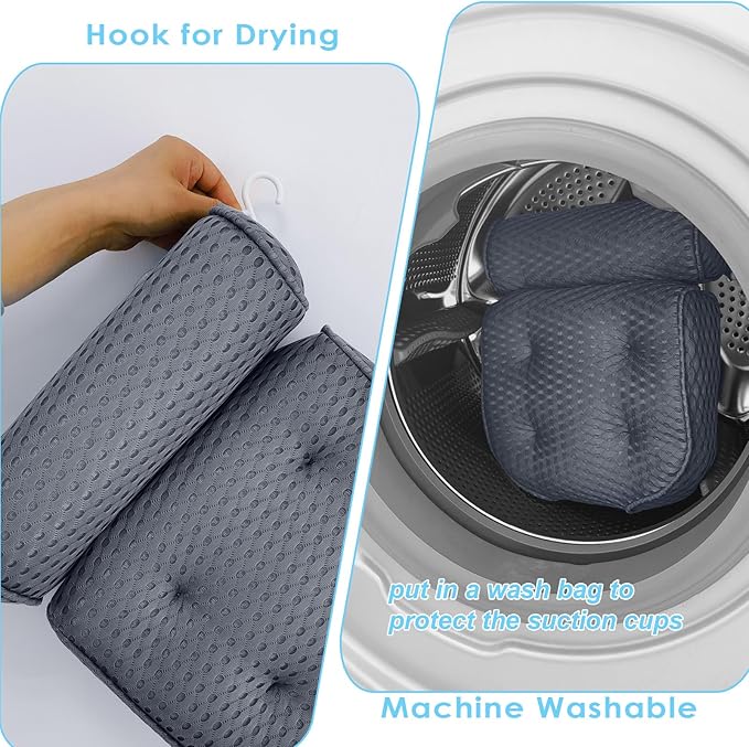 AEROiVi Luxury Bath Pillows for Tub，Bath Pillow Bathtub Pillows for Head and Neck Support Bath Cushion Made from Soft Spacer Mesh Material with Suction Cups,Gray