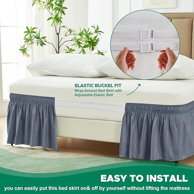 Biscaynebay Wrap Around Bed Skirts for King & Cal King Beds 14" Drop, Dark Grey Adjustable Elastic Dust Ruffles Easy Fit Wrinkle & Fade Resistant Silky Luxurious Fabric Solid Machine Washable
