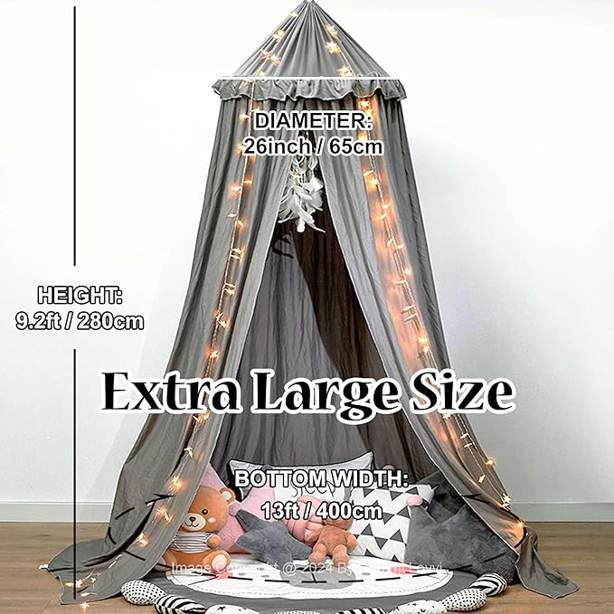 Bed Canopy for Girls, Dreamy Frills Ceiling Hanging Princess Canopy Bedroom Decoration Soft Canopy Net Reading Nook, Extra Large Full Queen Size Bed Canopies - Grey