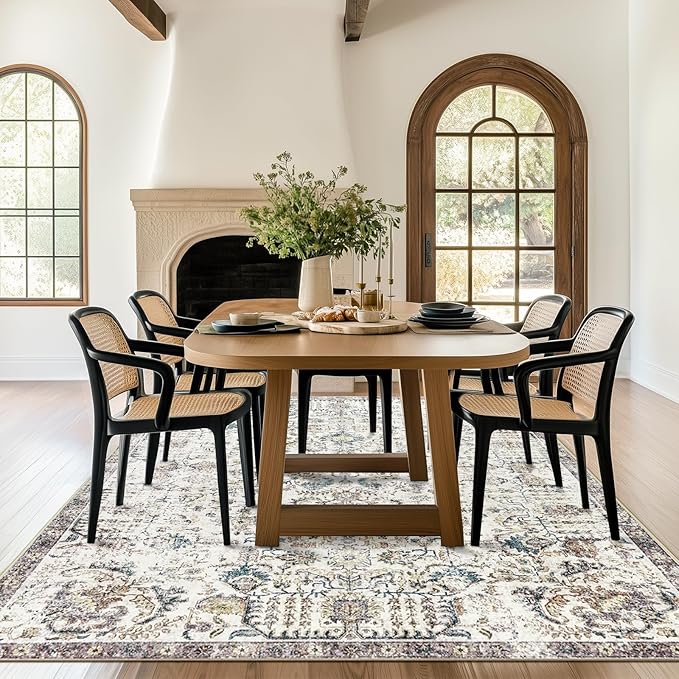 jinchan Kalen Area Rug 8x10 Washable Living Room Rug Vintage Indoor Large Floor Cover Retro Accent Mat Distressed Floral Country Boho Non Slip Thin Carpet for Bedroom Dining Room Office Blue Multi