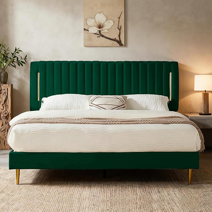 Queen Platform Bed Frame, Velvet Upholstered Bedframe with Vertical Channel Adjustable Headboard, Golden Plating Trim, Mattress Foundation with Wooden Slats, No Box Spring Needed, Green