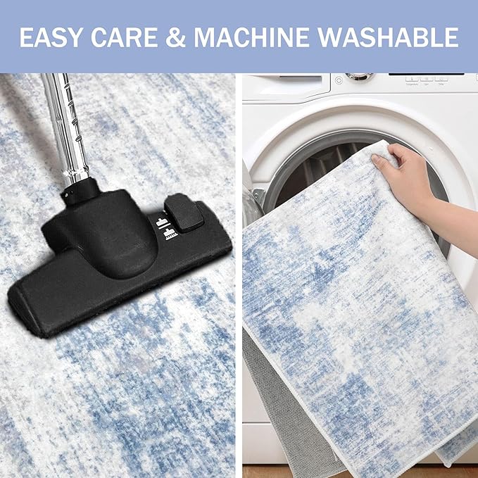 IOHOUZE Abstract Area Rugs 9x12 Ft Washable Large Rugs for Living Room, Non Slip Dining Room Rug, Printed Faux Wool Rugs for Bedroom, Floor Carpet for Office Nursery Playroom, Light Blue White