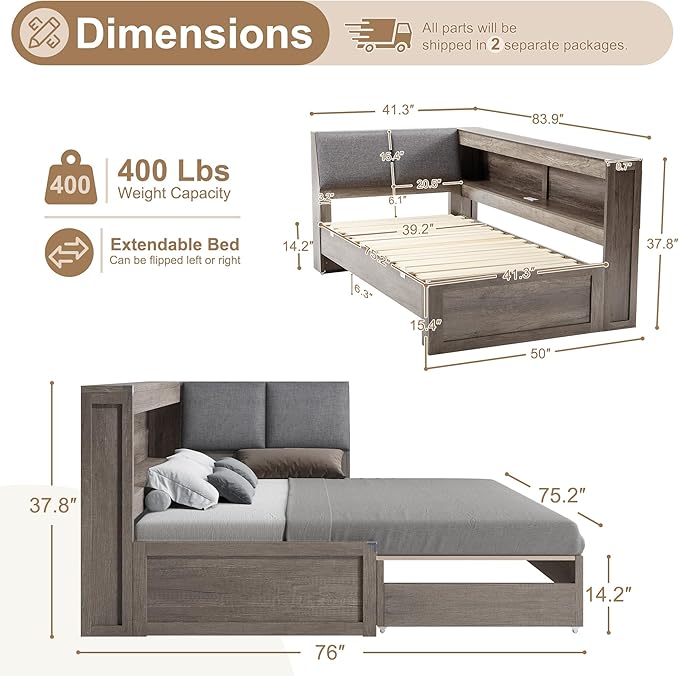 Corner Bed Frame with Trundle and Bookcase Upholstered Headboard, 3-in-1 Twin Size Wood Daybed with Extendable Bed, LED Lights and Charging Station, for Bedroom, Guest Room, Grey