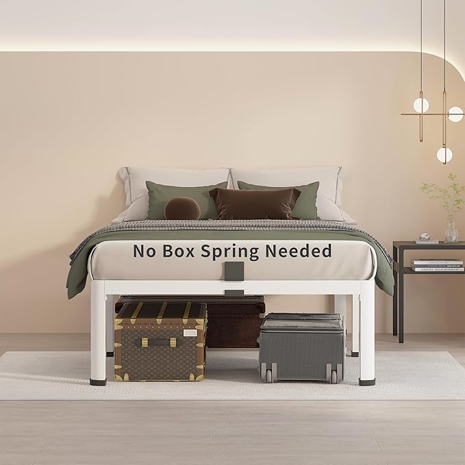 MAF 18 Inch Twin XL Bed Frames White with Round Corner Legs Mattress Slide Stopper No Box Spring Needed Heavy Duty Metal Platform Bed Frame Under-Bed Storage Space, 3000 LBS Steel Slats Support