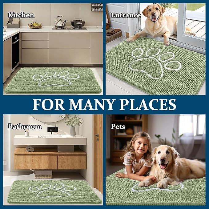 OLANLY Dog Door Mat for Muddy Paws 47x32, Paw Print Design, Absorbs Moisture and Dirt, Non-Slip Washable Doormat, Quick Dry Chenille Mud Mat for Dogs, Entry Indoor Entryway Carpet, Sage Green