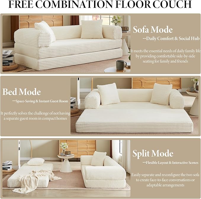 78 Inch Convertible Futon Sofa Bed,Folding Boneless Couch with Sleeper Sofa,Fold Out Floor Sofa Couch with Deep Seat,Cloud Corduroy Foldable Mattress Couches for Living Room(Off White)
