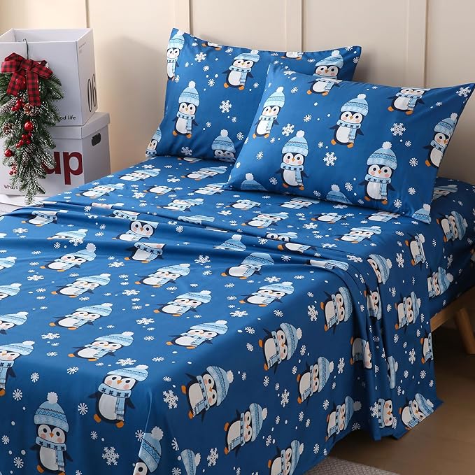 JSD Penguin Snowflakes Kids Christmas Sheet Set Full Size, 4 Piece Blue Printed Microfiber Sheets Deep Pocket