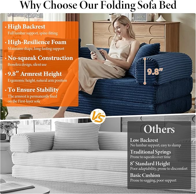 78 Inch Convertible Folding Sleeper Sofa Bed, Fold Out Floor Sofa Couch with Fixed-Shape Frame, Cloud Corduroy Foldable Mattress Couch for Living Room Bedroom (Blue)