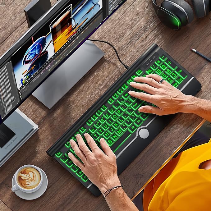 Large Print Backlit Computer Keyboard, USB Full Size Wired Keyboards with 7-Colors Backlight, Wrist Rest, Light Up Keyboard for Windows, PC, Laptop - Easy to See, Easy to Setup
