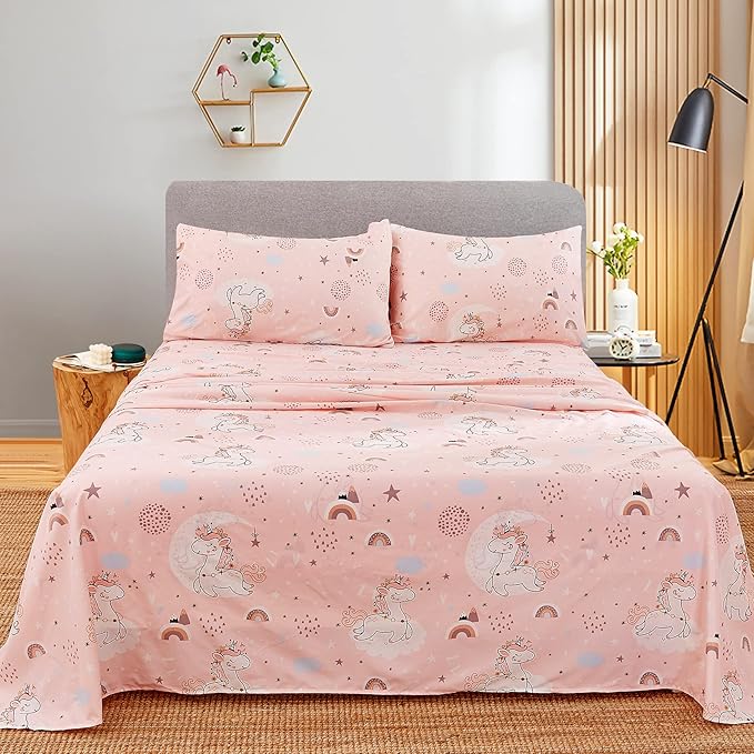 JSD Pink Unicorn Kids Sheet Set Full Size, 4 Piece Girls Rainbow Printed Microfiber Bed Sheets Deep Pocket