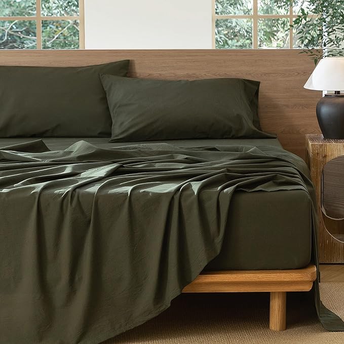 MooMee Bedding Sheet Set 100% Washed Cotton Linen Like Textured Breathable Durable Soft Comfy (Solid Olive Green, Twin)