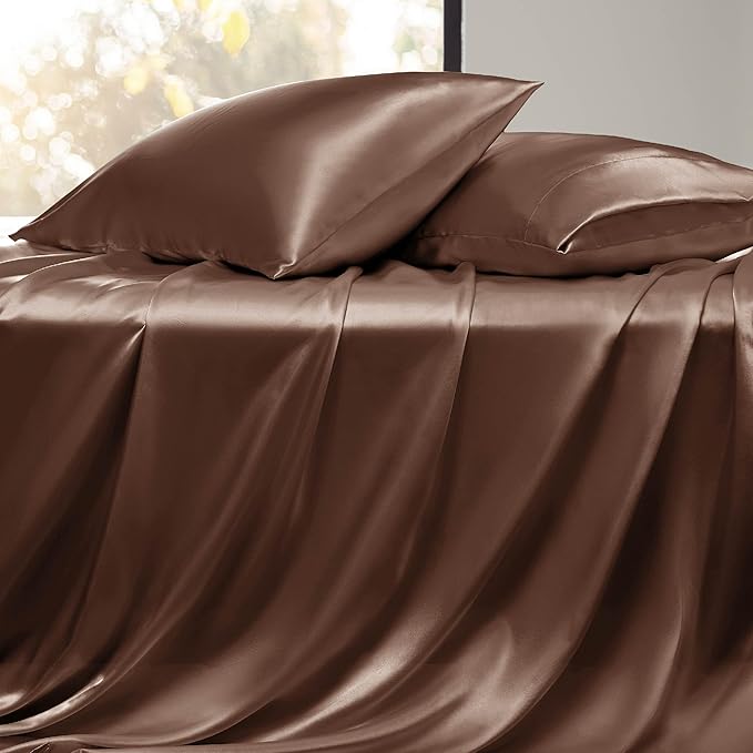Bedsure Satin Sheets King Size - 4 Piece Silky Bedsheets with 15 Inches Deep Pocket Fitted Bedsheet,1 Flat Sheet, 2 Satin Pillowcases, Good for Hair & Skin (King, Coffee)