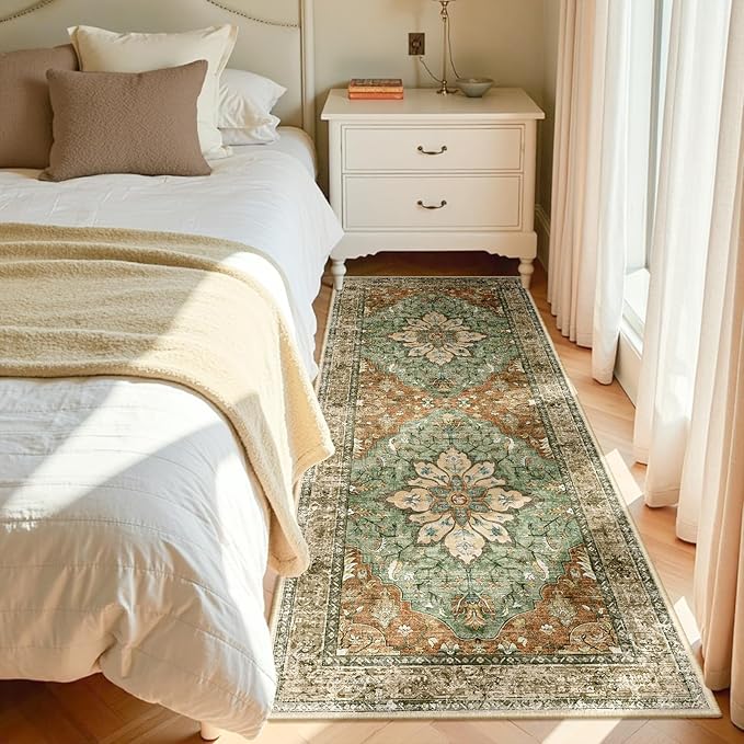 Area Rugs 3'x7' Washable Non-Slip, Floral Vintage Distress Print Pattern Medallion Carpet for Living Room Bedroom Dining Room, Brick Red Rust Neutral Brown Burnt Orange Green